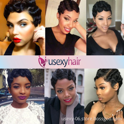 Short Black Curly Wigs For Black Women None Lace Machine Made Pixie Cut Finger Wave Human Hair Wigs